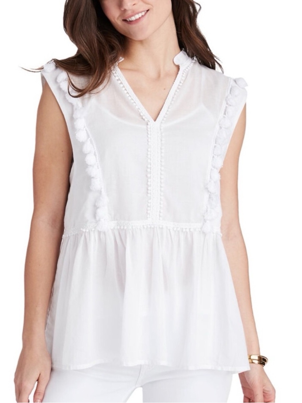 Vineyard Vines White Cotton Tassel Pom Pom Peasant Blouse Top Shirt M Boho